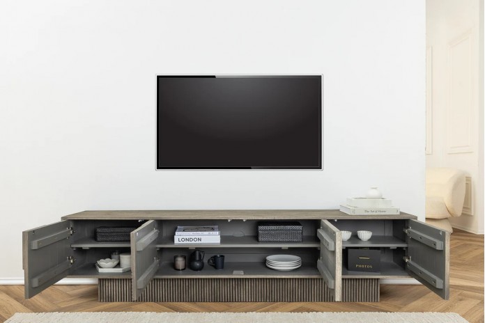 Meuble TV 4 portes 200 cm avec reliefs 3D en Bois de Manguier Gris Fumé Neoforma