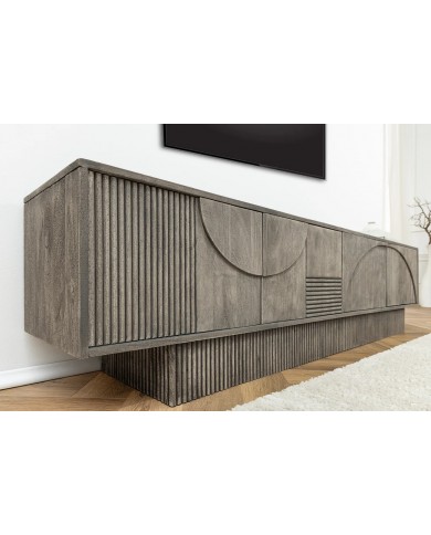 Meuble TV 4 portes 200 cm avec reliefs 3D en Bois de Manguier Gris Fumé Neoforma