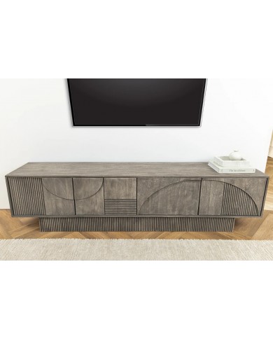 Meuble TV 4 portes 200 cm avec reliefs 3D en Bois de Manguier Gris Fumé Neoforma