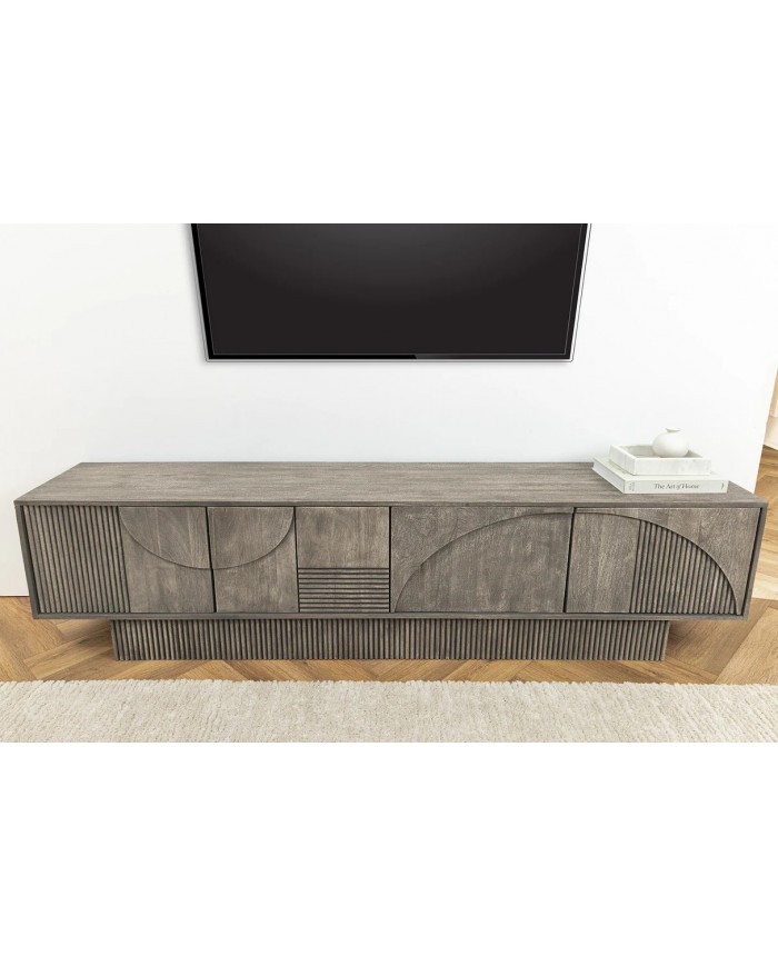 Meuble TV 4 portes 200 cm avec reliefs 3D en Bois de Manguier Gris Fumé Neoforma