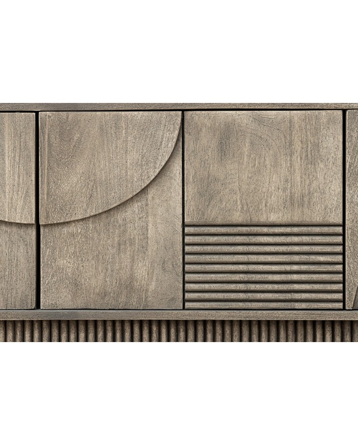 Meuble TV 4 portes 200 cm avec reliefs 3D en Bois de Manguier Gris Fumé Neoforma
