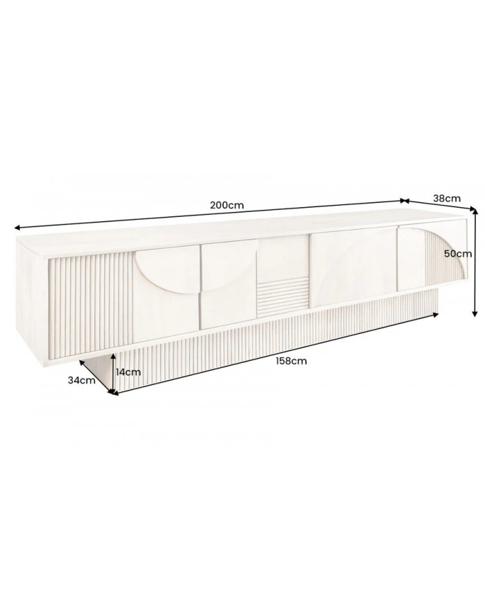 Meuble TV 4 portes 200 cm avec reliefs 3D en Bois de Manguier Gris Fumé Neoforma