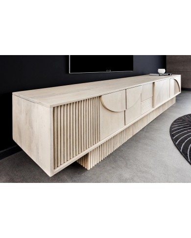 Meuble TV 4 portes 200 cm en reliefs 3D en bois de manguier blanchi NEOFORMA