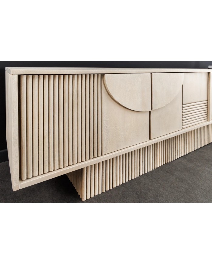 Meuble TV 4 portes 200 cm en reliefs 3D en bois de manguier blanchi NEOFORMA