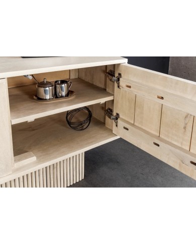 Meuble TV 4 portes 200 cm en reliefs 3D en bois de manguier blanchi NEOFORMA