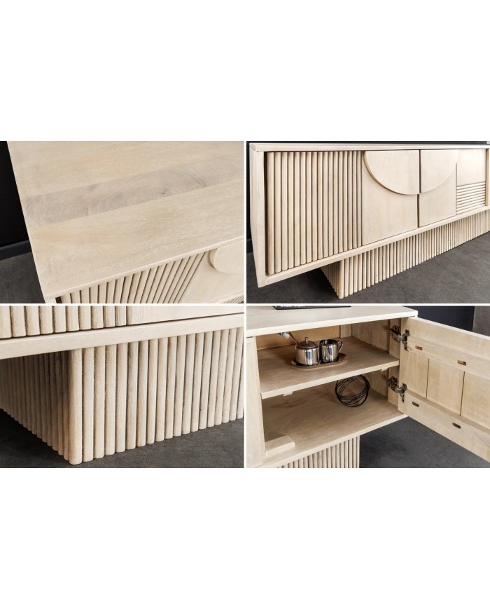 Meuble TV 4 portes 200 cm en reliefs 3D en bois de manguier blanchi NEOFORMA