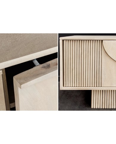 Meuble TV 4 portes 200 cm en reliefs 3D en bois de manguier blanchi NEOFORMA