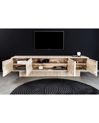 Meuble TV 4 portes 200 cm en reliefs 3D en bois de manguier blanchi NEOFORMA