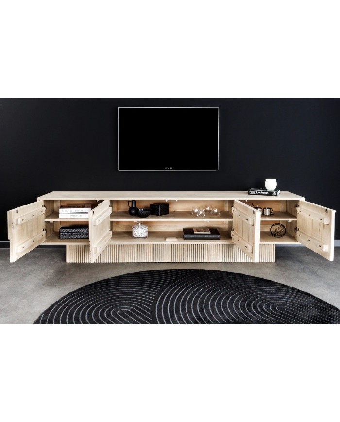 Meuble TV 4 portes 200 cm en reliefs 3D en bois de manguier blanchi NEOFORMA