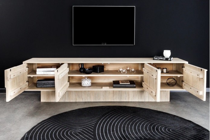Meuble TV 4 portes 200 cm en reliefs 3D en bois de manguier blanchi NEOFORMA