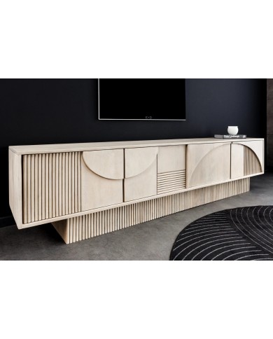 Meuble TV 4 portes 200 cm en reliefs 3D en bois de manguier blanchi NEOFORMA