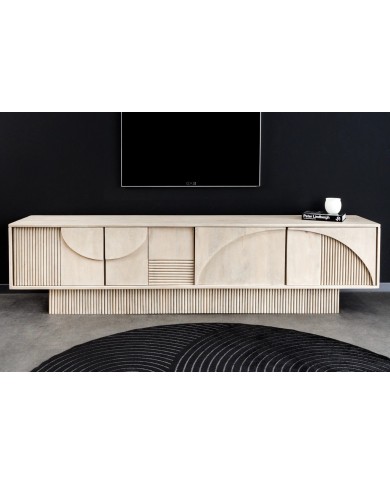 Meuble TV 4 portes 200 cm en reliefs 3D en bois de manguier blanchi NEOFORMA