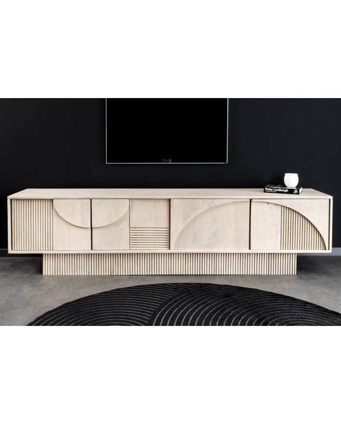 Meuble TV 4 portes 200 cm en reliefs 3D en bois de manguier blanchi NEOFORMA