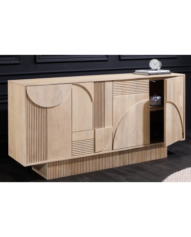 Commode 4 portes 170 cm avec reliefs 3D en bois de manguier blanchi Neoforma