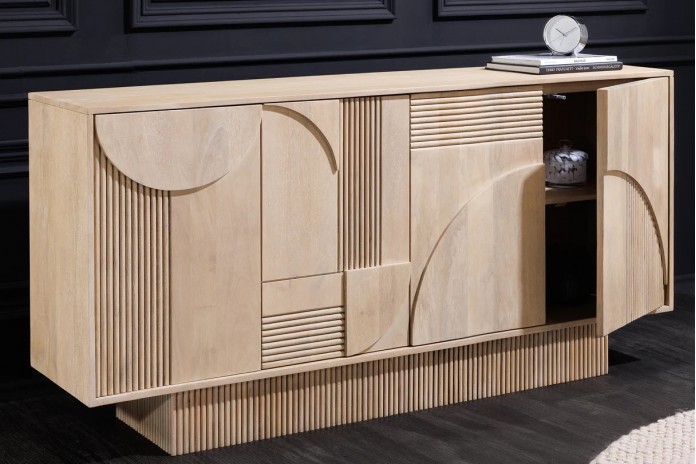 Commode 4 portes 170 cm avec reliefs 3D en bois de manguier blanchi Neoforma