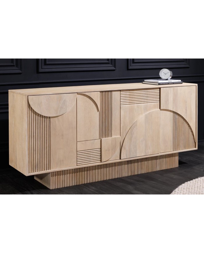 Commode 4 portes 170 cm avec reliefs 3D en bois de manguier blanchi Neoforma