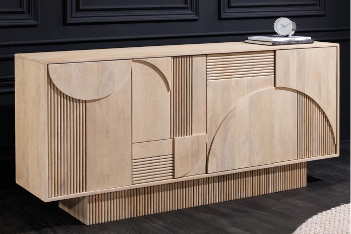 Commode 4 portes 170 cm avec reliefs 3D en bois de manguier blanchi Neoforma