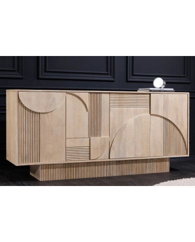 Commode 4 portes 170 cm avec reliefs 3D en bois de manguier blanchi Neoforma