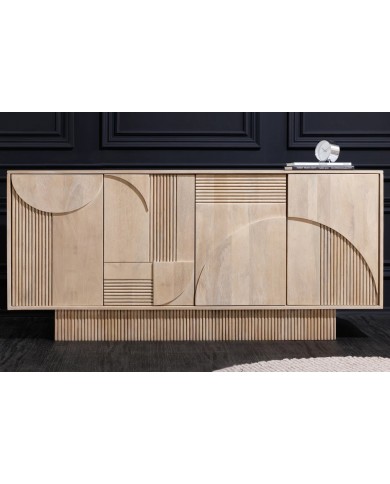 Commode 4 portes 170 cm avec reliefs 3D en bois de manguier blanchi Neoforma