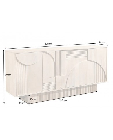 Commode 4 portes 170 cm avec reliefs 3D en bois de manguier blanchi Neoforma