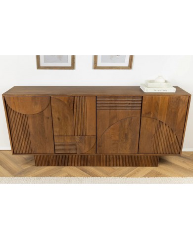 Commode 4 portes 170 cm avec reliefs 3D en bois de manguier marron fumé Neoforma