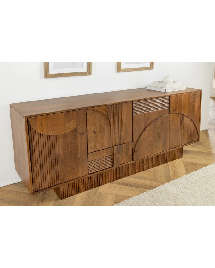 Commode 4 portes 170 cm avec reliefs 3D en bois de manguier marron fumé Neoforma