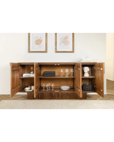 Commode 4 portes 170 cm avec reliefs 3D en bois de manguier marron fumé Neoforma
