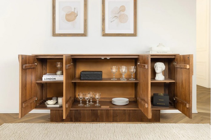 Commode 4 portes 170 cm avec reliefs 3D en bois de manguier marron fumé Neoforma