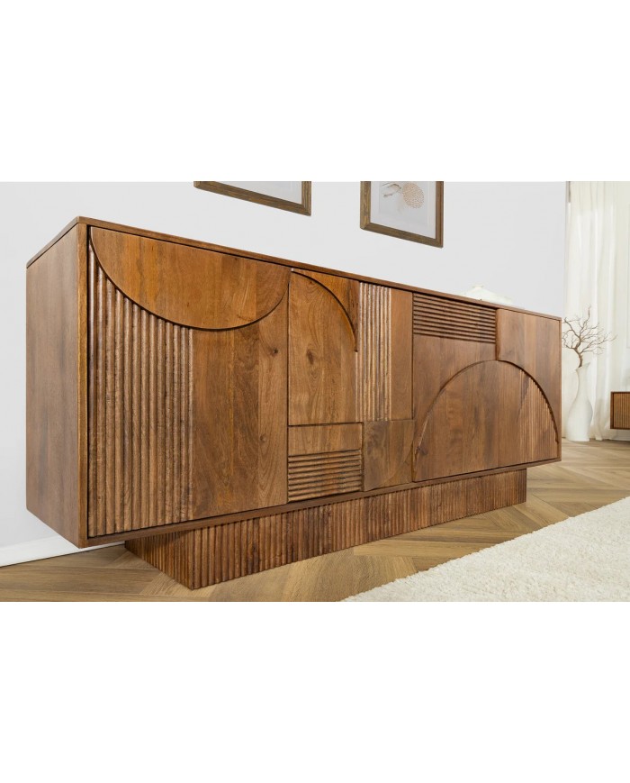 Commode 4 portes 170 cm avec reliefs 3D en bois de manguier marron fumé Neoforma