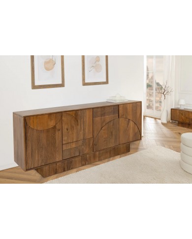 Commode 4 portes 170 cm avec reliefs 3D en bois de manguier marron fumé Neoforma
