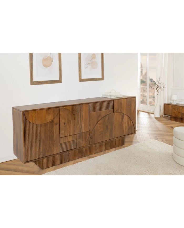 Commode 4 portes 170 cm avec reliefs 3D en bois de manguier marron fumé Neoforma