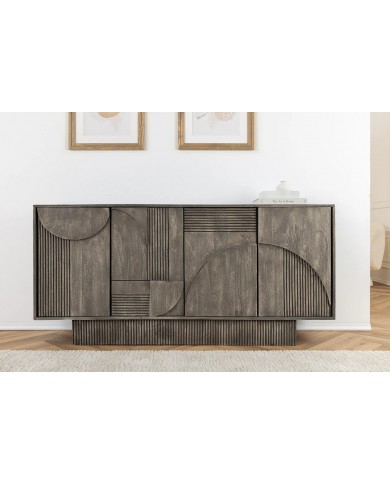 Commode 4 portes 170 cm avec reliefs 3D en bois de manguier gris fumé Neoforma