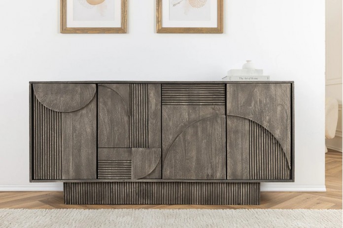 Commode 4 portes 170 cm avec reliefs 3D en bois de manguier gris fumé Neoforma