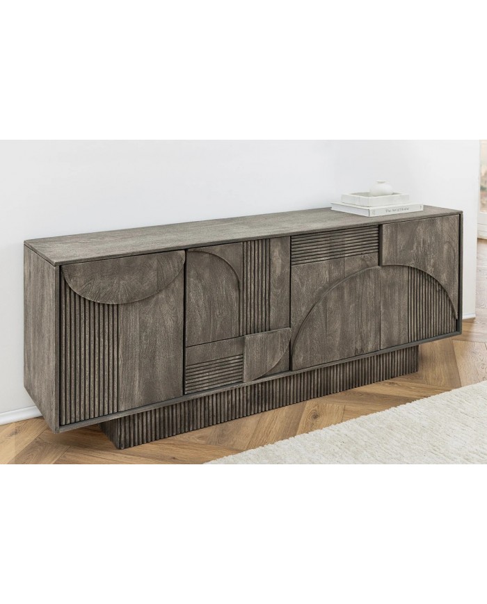 Commode 4 portes 170 cm avec reliefs 3D en bois de manguier gris fumé Neoforma