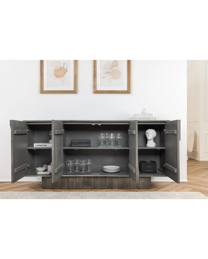 Commode 4 portes 170 cm avec reliefs 3D en bois de manguier gris fumé Neoforma