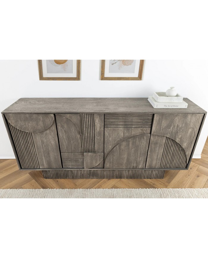 Commode 4 portes 170 cm avec reliefs 3D en bois de manguier gris fumé Neoforma