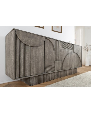 Commode 4 portes 170 cm avec reliefs 3D en bois de manguier gris fumé Neoforma