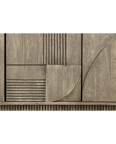 Commode 4 portes 170 cm avec reliefs 3D en bois de manguier gris fumé Neoforma