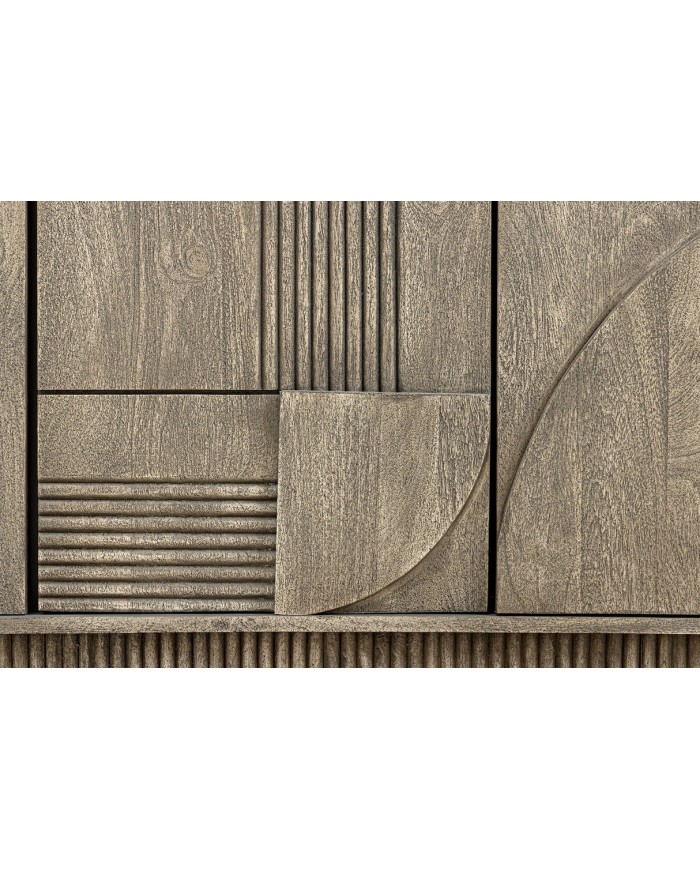 Commode 4 portes 170 cm avec reliefs 3D en bois de manguier gris fumé Neoforma