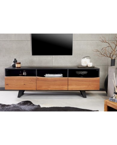 Meuble TV 2 portes et 1 tiroirs 140 cm en bois massif d'acacia Natura Sculpt
