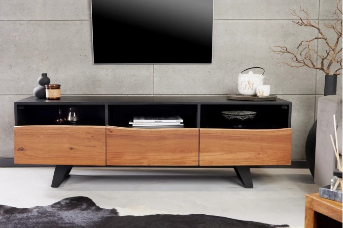 Meuble TV 2 portes et 1 tiroirs 140 cm en bois massif d'acacia Natura Sculpt