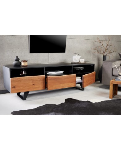 Meuble TV 2 portes et 1 tiroirs 140 cm en bois massif d'acacia Natura Sculpt