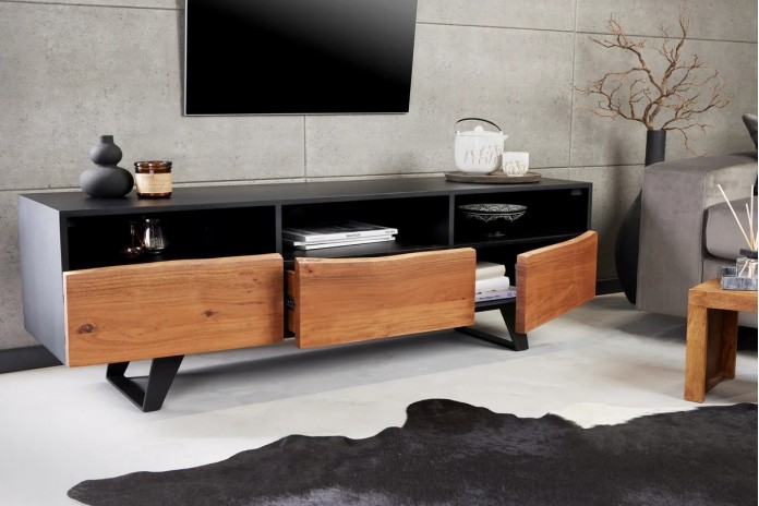 Meuble TV 2 portes et 1 tiroirs 140 cm en bois massif d'acacia Natura Sculpt
