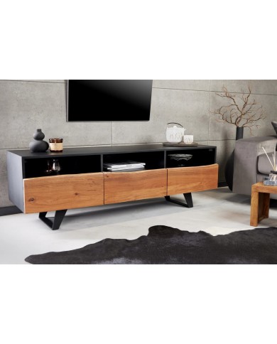 Meuble TV 2 portes et 1 tiroirs 140 cm en bois massif d'acacia Natura Sculpt