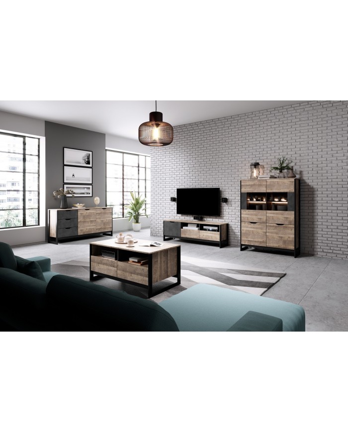 Buffet 2 portes avec vitrine et LEDs 109 cm HAVEN
