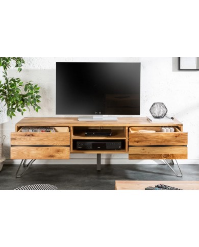 Meuble TV 2 troirs 160 cm en chêne massif sauvage & métal Oakline