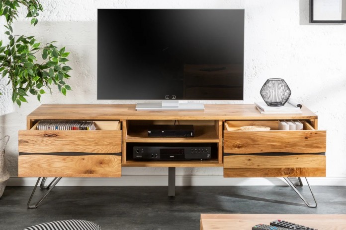 Meuble TV 2 troirs 160 cm en chêne massif sauvage & métal Oakline