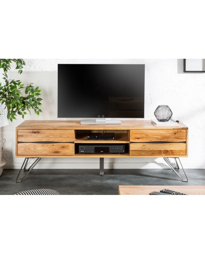 Meuble TV 2 troirs 160 cm en chêne massif sauvage & métal Oakline