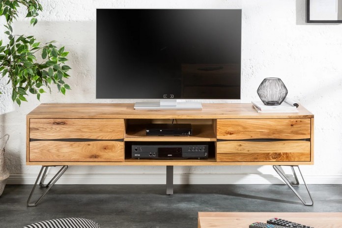 Meuble TV 2 troirs 160 cm en chêne massif sauvage & métal Oakline