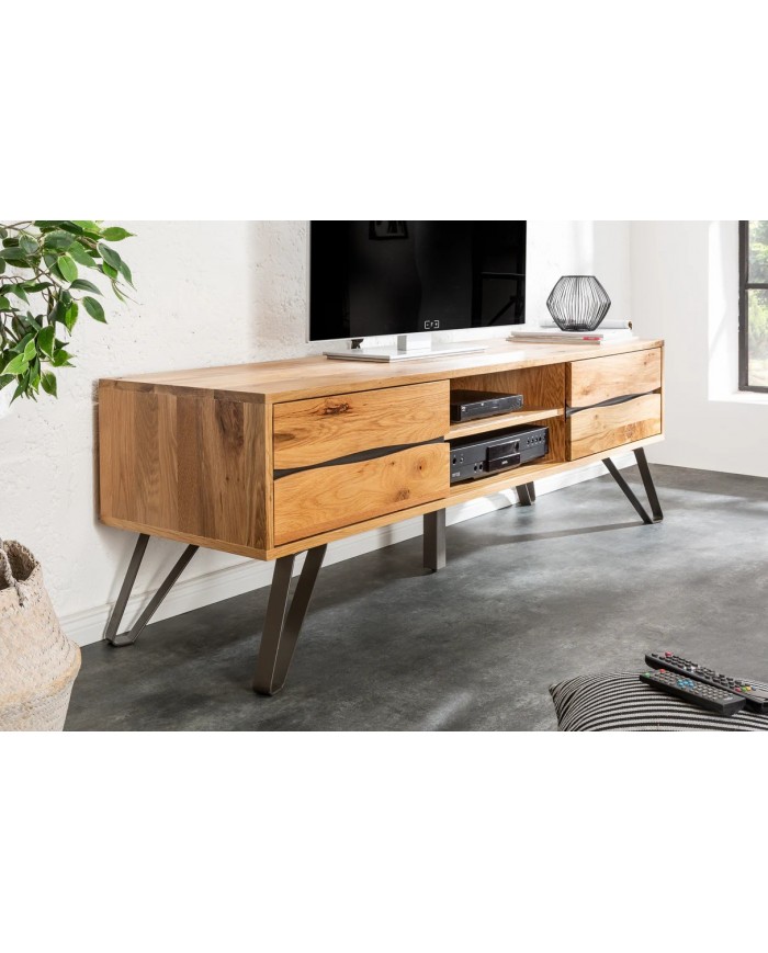 Meuble TV 2 troirs 160 cm en chêne massif sauvage & métal Oakline